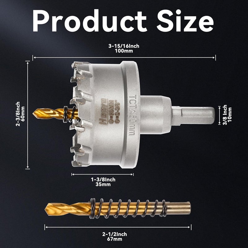 Henvo Hole Saw 2-3/8" (60mm) Heavy Duty Carbide with 2 Pilot Drill Bits - Metal Hole Cutter Cuts Stainless Steel, Iron, Copper, Brass, Plastic - Image 2